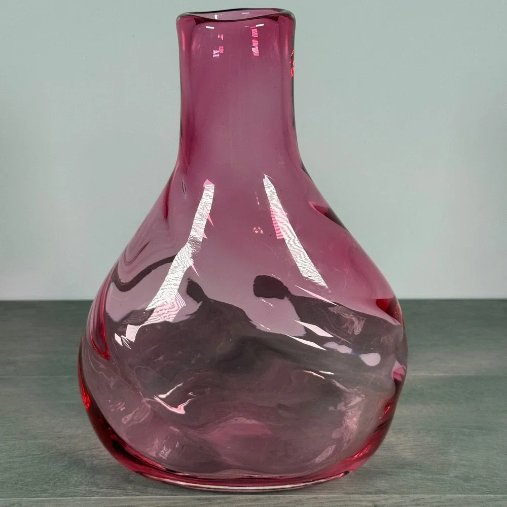 Vtg  MCM Hand Blown Glass Vase Cranberry Pink Swirl Optic 9.5